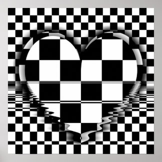 Chequered heart Op art black and white poster
