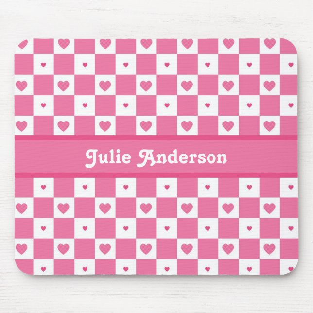 Chequered Heart Squares Pattern Pink and Whtie Mouse Pad (Front)