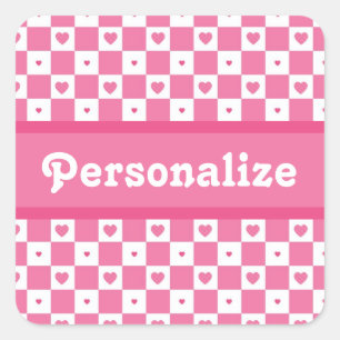 Chequered Heart Squares Pattern Pink and Whtie Square Sticker