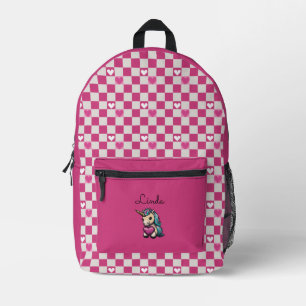Chequered Hearts and Unicorn Printed Backpack