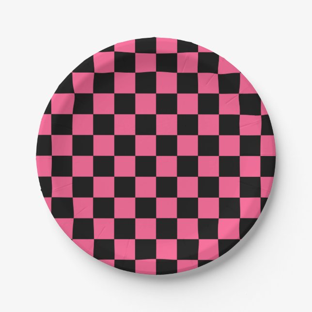 Chequered Hot Pink and Black Paper Plate (Front)
