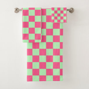 Chequered Hot Pink and Soft Green Bath Towel Set