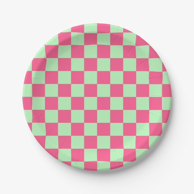 Chequered Hot Pink and Soft Green Paper Plate (Front)