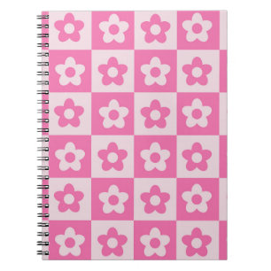 Chequered Hot Pink and White Retro Flowers Pattern Notebook