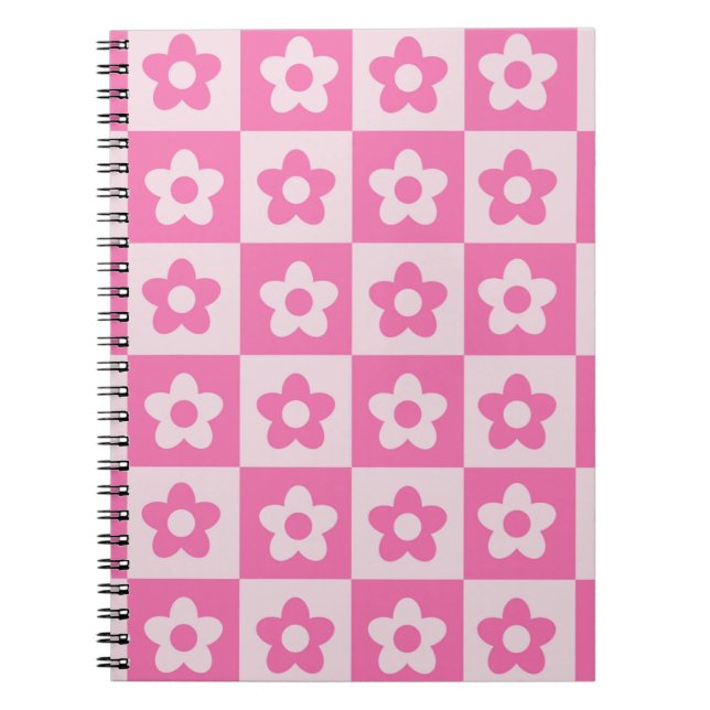 Chequered Hot Pink and White Retro Flowers Pattern Notebook (Front)
