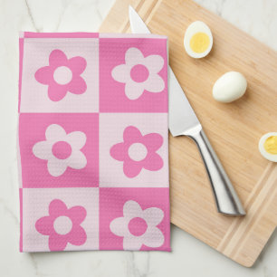 Chequered Hot Pink and White Retro Flowers Pattern Tea Towel