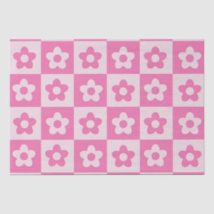 Chequered Hot Pink and White Retro Flowers Pattern Tissue Paper