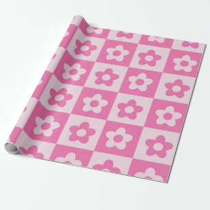 Chequered Hot Pink and White Retro Flowers Pattern Wrapping Paper
