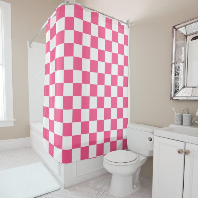 Chequered Hot Pink and White Shower Curtain (In Situ)