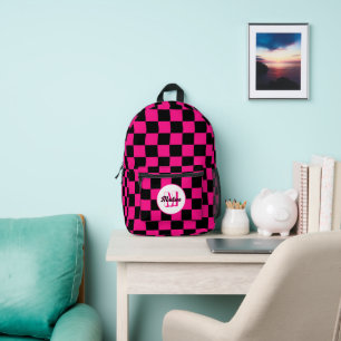 Chequered hot pink black geometric retro Monogram Printed Backpack