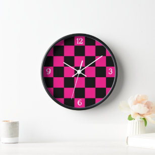 Chequered hot pink black geometric retro w numbers clock