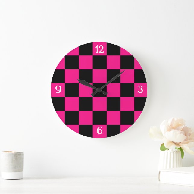 Chequered hot pink black geometric retro w numbers large clock (Home)