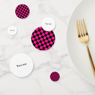 Chequered hot pink black geometric retro with text confetti