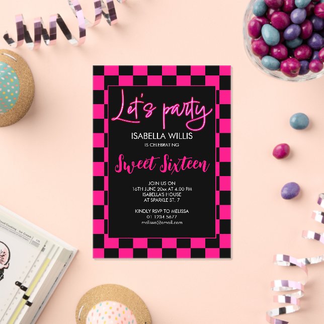 Chequered hot pink black white Lets party Sweet 16 Acrylic Invitations (Insitu (Celebration))