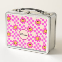 Chequered Hot Pink Smiling Flowers Custom Name  
