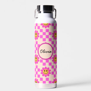 Chequered Hot Pink Smiling Flowers Custom Name   Water Bottle