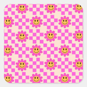 Chequered Hot Pink Smiling Flowers Pattern  Square Sticker