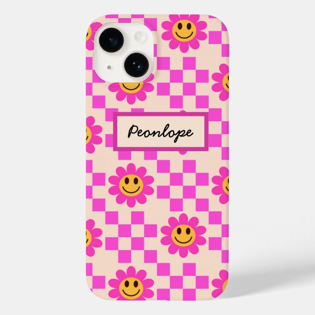 Chequered Hot Pink Smiling Flowers Personalised  Case-Mate iPhone Case (Back)