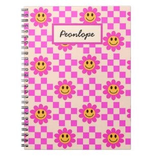 Chequered Hot Pink Smiling Flowers Personalised Notebook