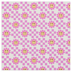 Chequered Hot Pink Smiling Flowers with squares Fabric