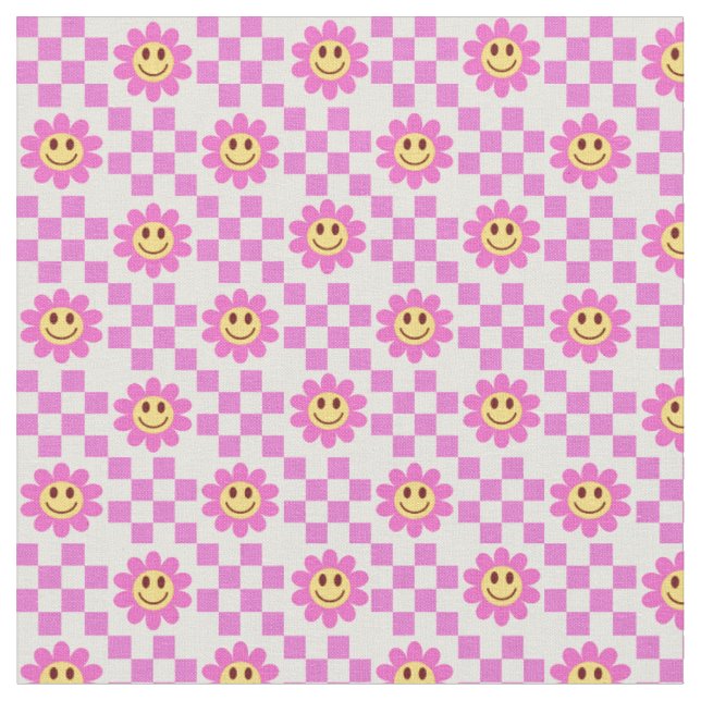 Chequered Hot Pink Smiling Flowers with squares Fabric (Close Up)