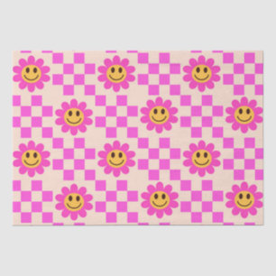 Chequered Hot Pink Smiling Flowers with squares  Tissue Paper
