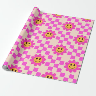 Chequered Hot Pink Smiling Flowers with squares  Wrapping Paper