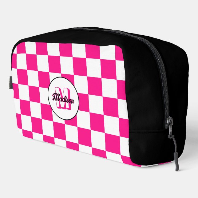 Chequered Hot pink white geometric retro Monogram Dopp Kit (Right Corner)
