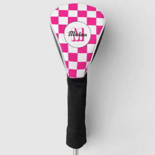 Chequered Hot pink white geometric retro Monogram Golf Head Cover