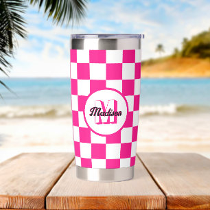 Chequered hot pink white geometric retro Monogram Insulated Tumbler