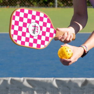 Chequered Hot pink white geometric retro Monogram Pickleball Paddle