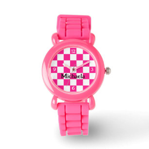 Chequered hot pink white retro w numbers Your name Watch