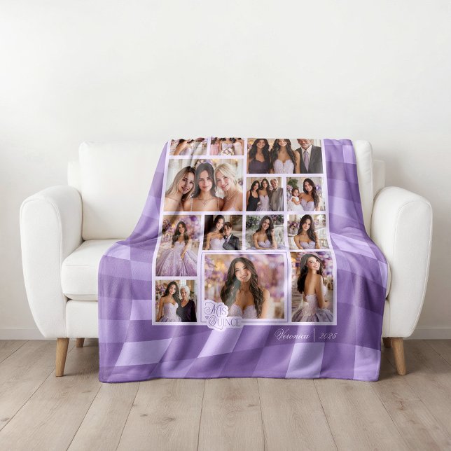 Chequered Lavender 14 Photo Keepsake Quinceañera  Fleece Blanket (Shown on a Medium 50" x 60" blanket)