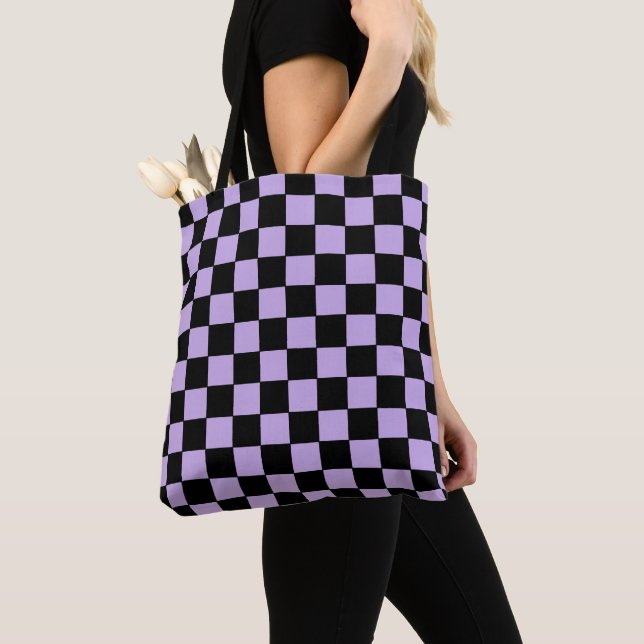 Chequered Lavender and Black  Tote Bag (Close Up)
