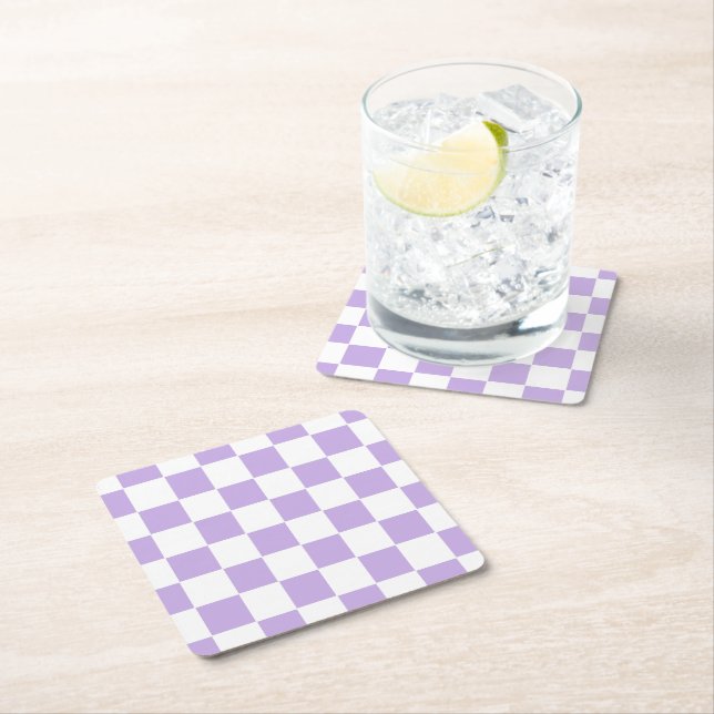 Chequered Lavender and White Square Paper Coaster (Insitu)