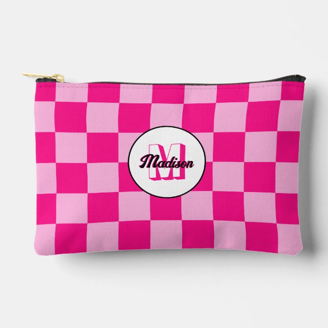 Chequered light hot pink geometric retro Monogram Accessory Pouch (Front)