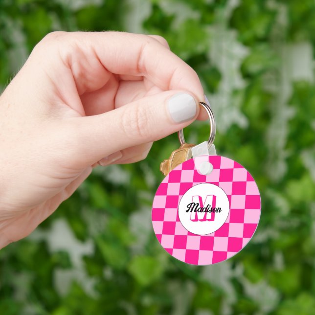 Chequered light hot pink geometric retro Monogram Key Ring (Hand)