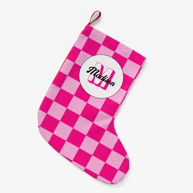Chequered light hot pink geometric retro Monogram Small Christmas Stocking (Front (Hanging))