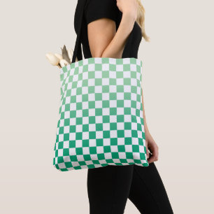 Chequered Light to Dark Green and White Pattern Tote Bag