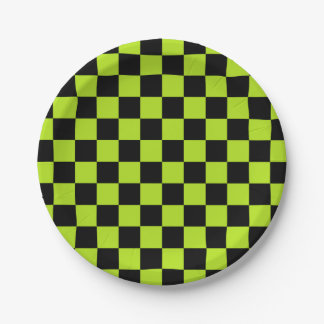Chequered Lime Green and Black Paper Plate