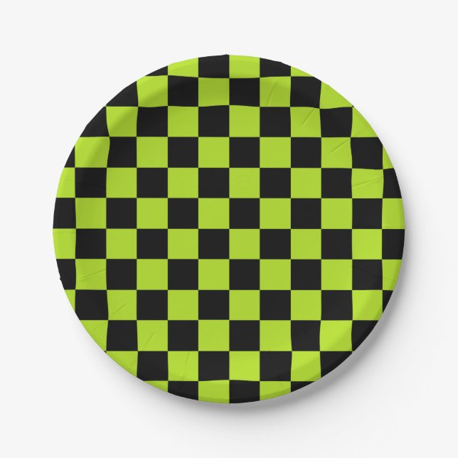 Chequered Lime Green and Black Paper Plate (Front)