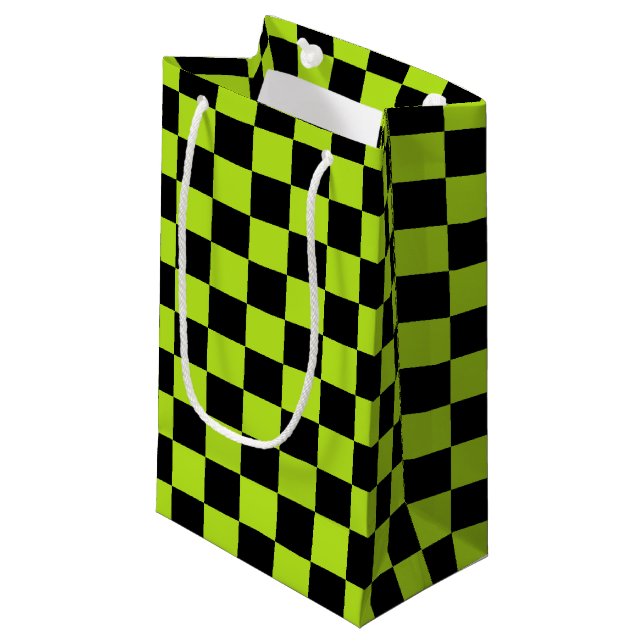 Chequered Lime Green and Black Small Gift Bag (Front Angled)