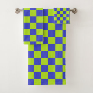 Chequered Lime Green and Blue Bath Towel Set