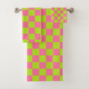 Chequered Lime Green and Pink Bath Towel Set