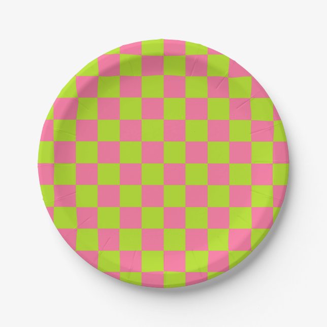 Chequered Lime Green and Pink Paper Plate (Front)