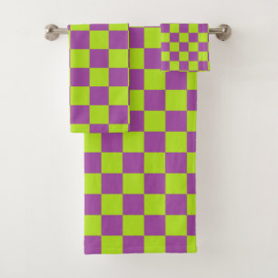 Chequered Lime Green and Purple Bath Towel Set