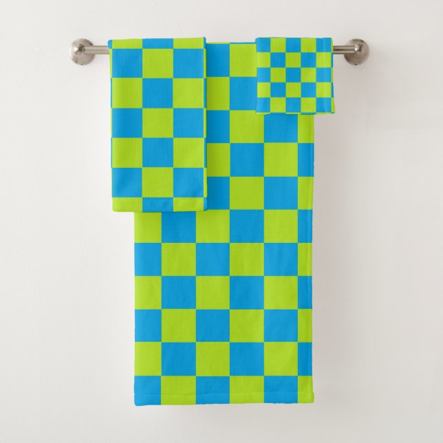 Chequered Lime Green and Turquoise Bath Towel Set (Insitu)