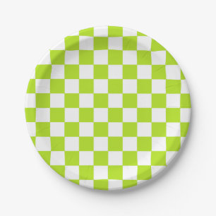 Chequered Lime Green and White Paper Plate