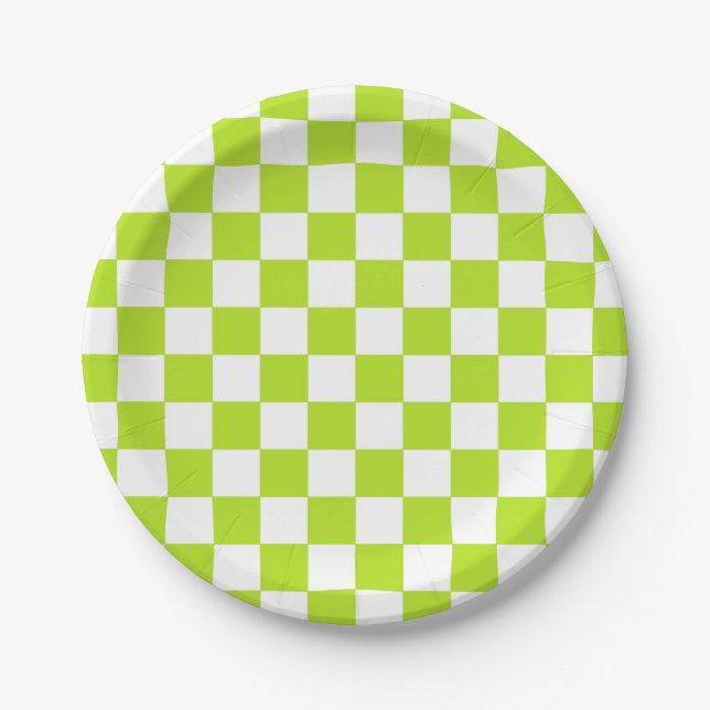 Chequered Lime Green and White Paper Plate (Front)