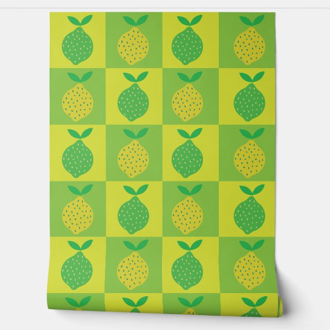 Chequered Lime Green and Yellow Lemon  Wallpaper (Unrolling)